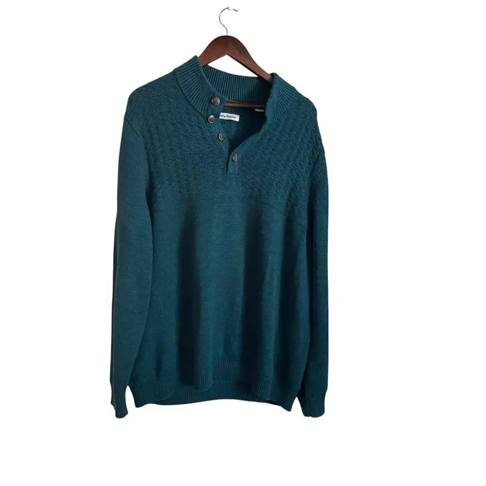 Tommy Bahama Men’s XL Blue Mock Neck Cotton Blend Sweater Pullover Button Knit